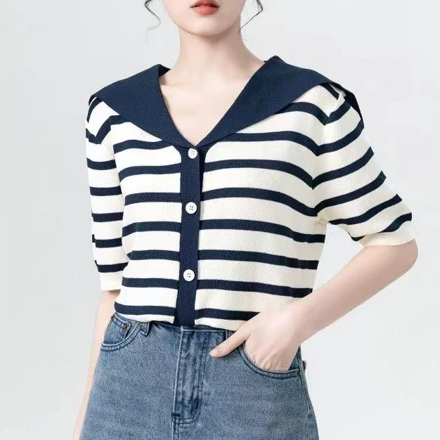 A16-藏蓝色短袖条纹冰丝针织开衫2025新款海军领撞色薄款别致上衣