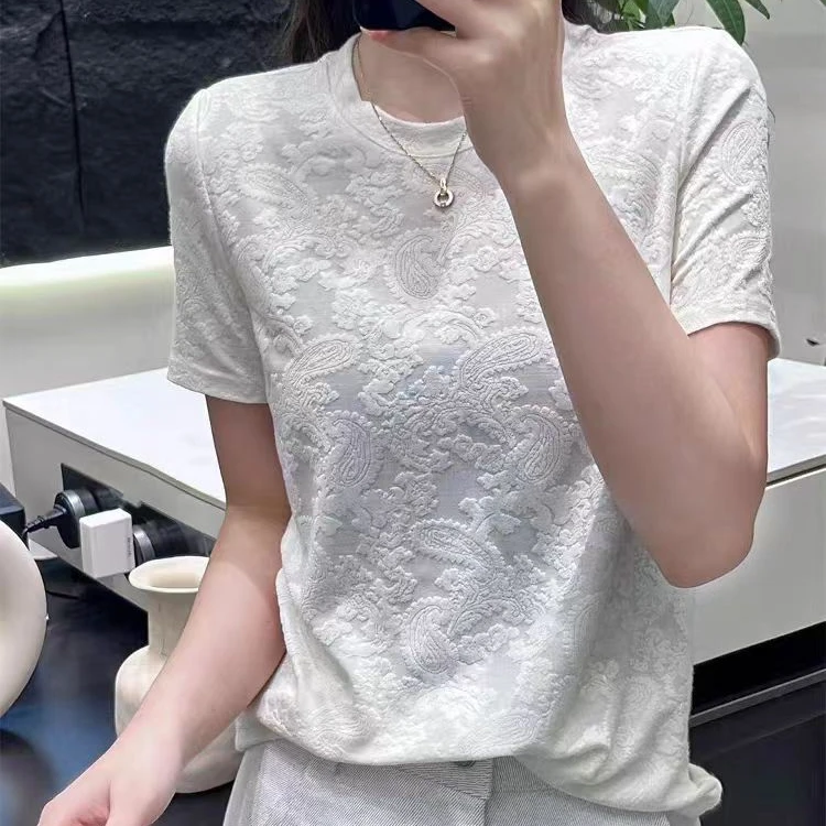 006提花基础款圆领正肩短袖T恤女夏季新款小众设计感宽松上衣