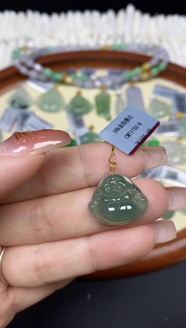 吊坠(不含链)18K金镶嵌翡翠佛公18K金扣镶嵌@@CMT1752-8