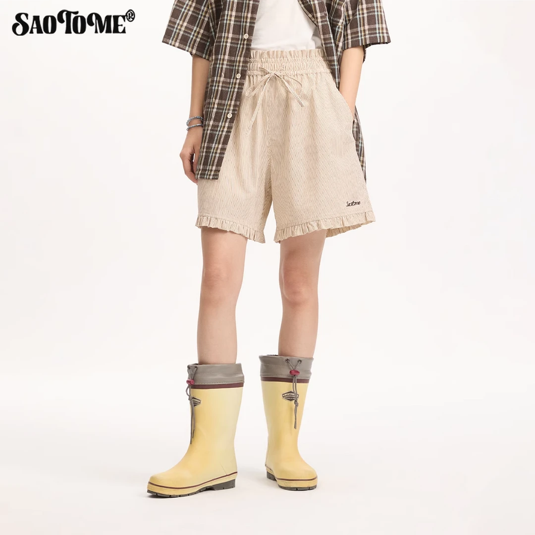 早乙女惠子saotome 日系潮牌松紧腰阔腿条纹木耳边纯棉短裤夏2223