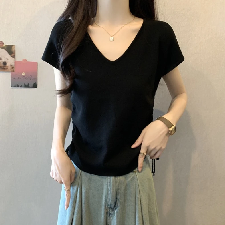 大码设计感抽绳V领短袖针织衫女夏季薄款胖M修身显瘦洋气冰丝上衣