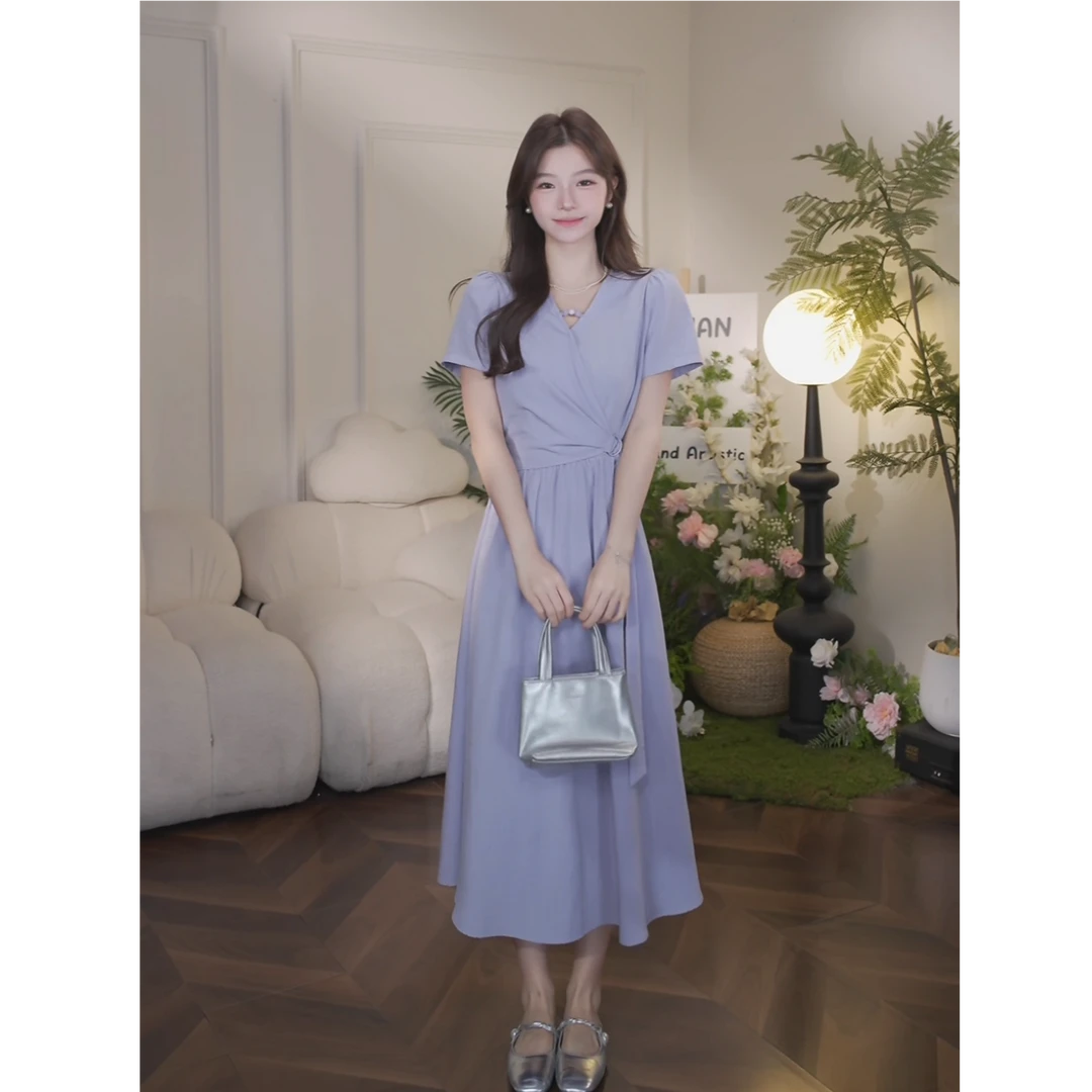 鹿向南【紫雾鸢尾】夏季新款法式简约气质显白收腰连衣裙女