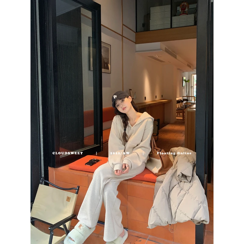 CloudSweet 暖烘华夫~加绒加厚华夫格连帽卫衣卫裤套装女冬两件套