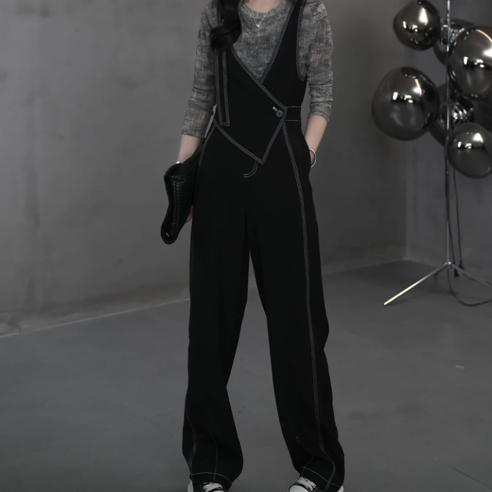 时尚重工设计师双肩带酷飒风纯色显瘦连体裤休闲裤高腰黑色裤子