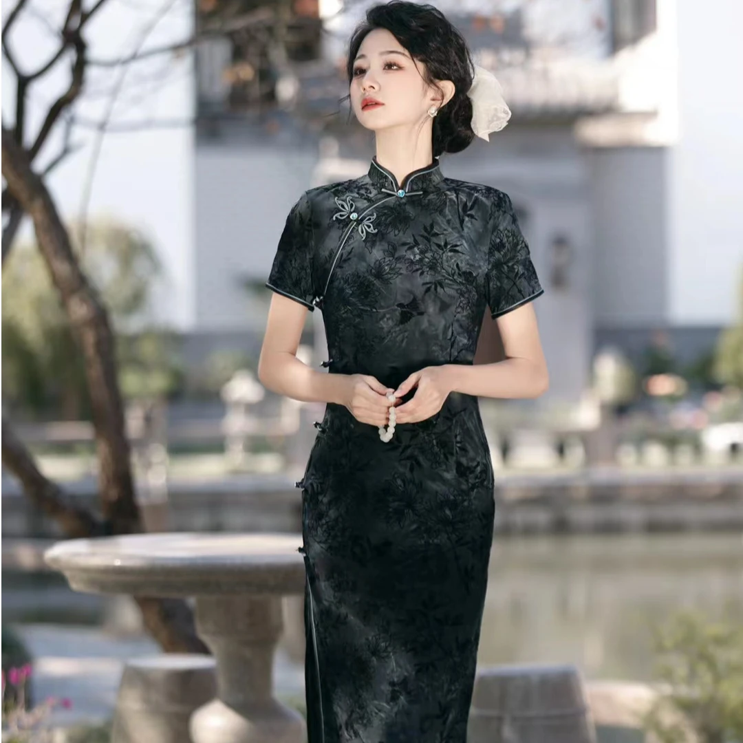 植绒提花旗袍墨蓝色气质款妈妈旗袍暗花