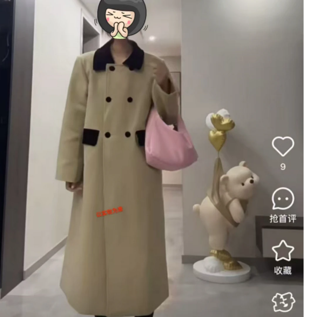 6618#秋冬新款休闲百搭个性拼接领长款毛呢大衣小翻领