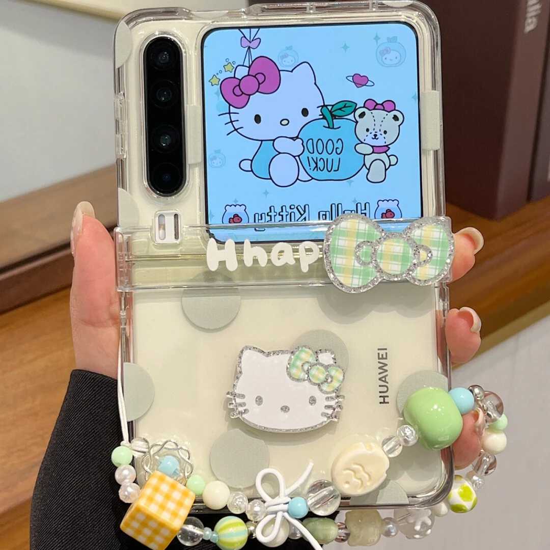 适用华为purax折叠屏手机壳绿色波点闪钻KT猫p50Pocket2防摔女款