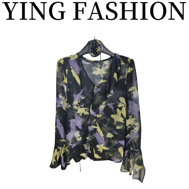 【YING FASHION】莹老板-时尚气质百搭网纱花衬衫上衣 8020067 548