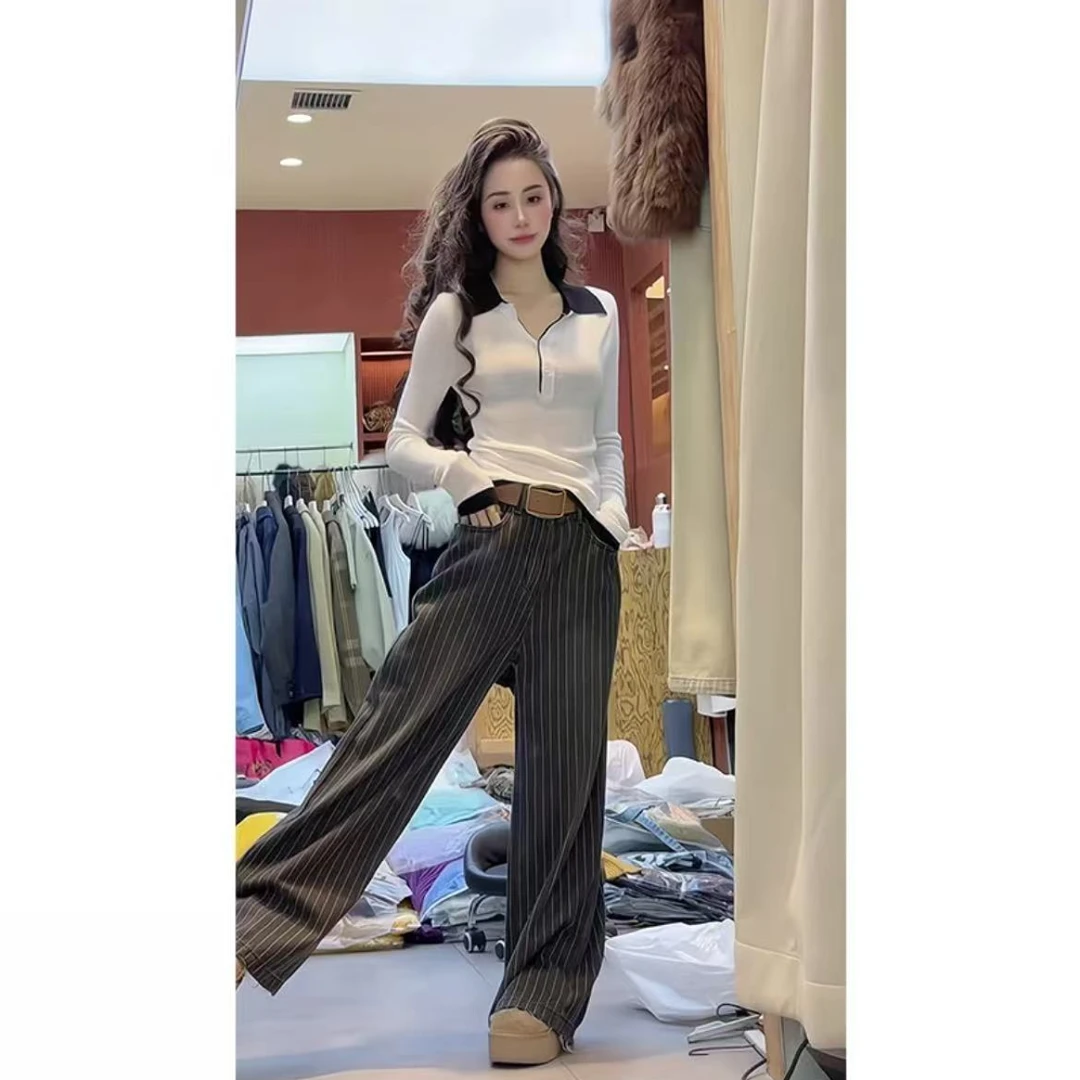 2025新款女士早春季POLO领气质条纹修身显瘦撞色针织衫洋气时尚女