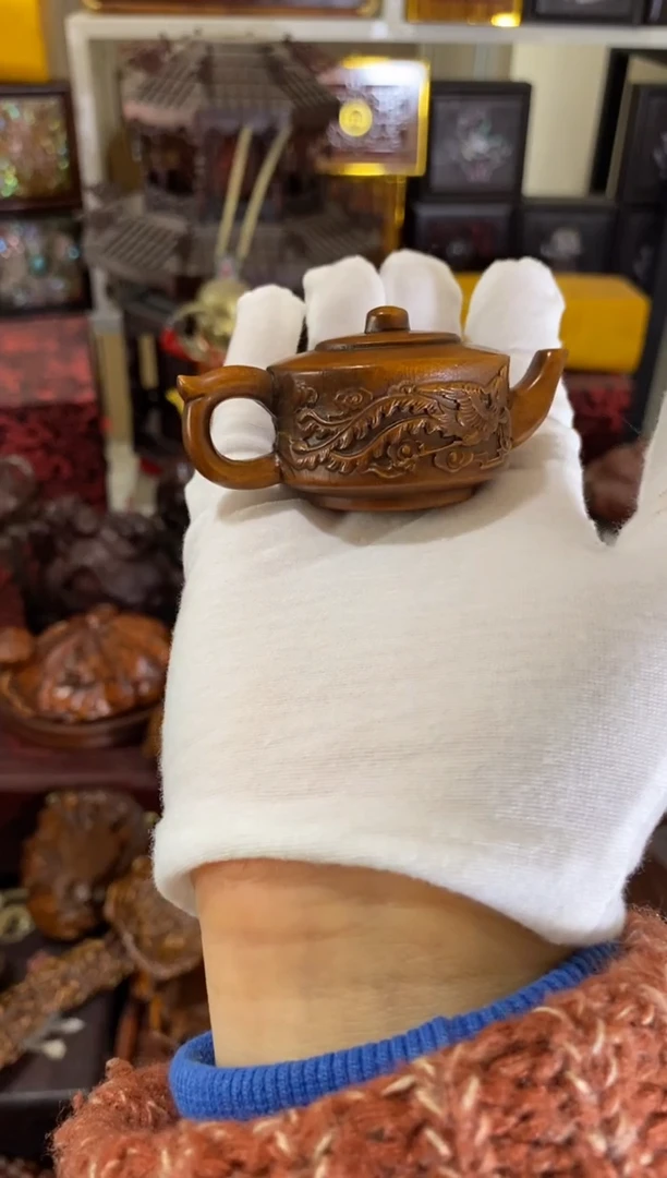 木小叶黄杨小件龙凤呈祥壶