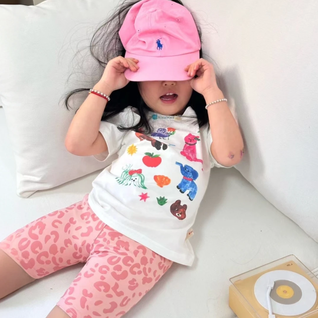 小惜亦女童套装夏季韩版卡通白色圆领短袖粉色骑行裤女童萌娃穿搭