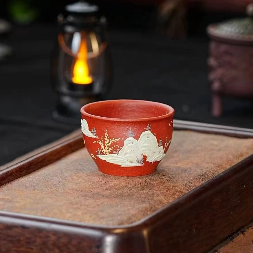宜兴全手工紫砂茶具原矿紫砂粗砂朱泥泥料全手工手绘山水主人杯