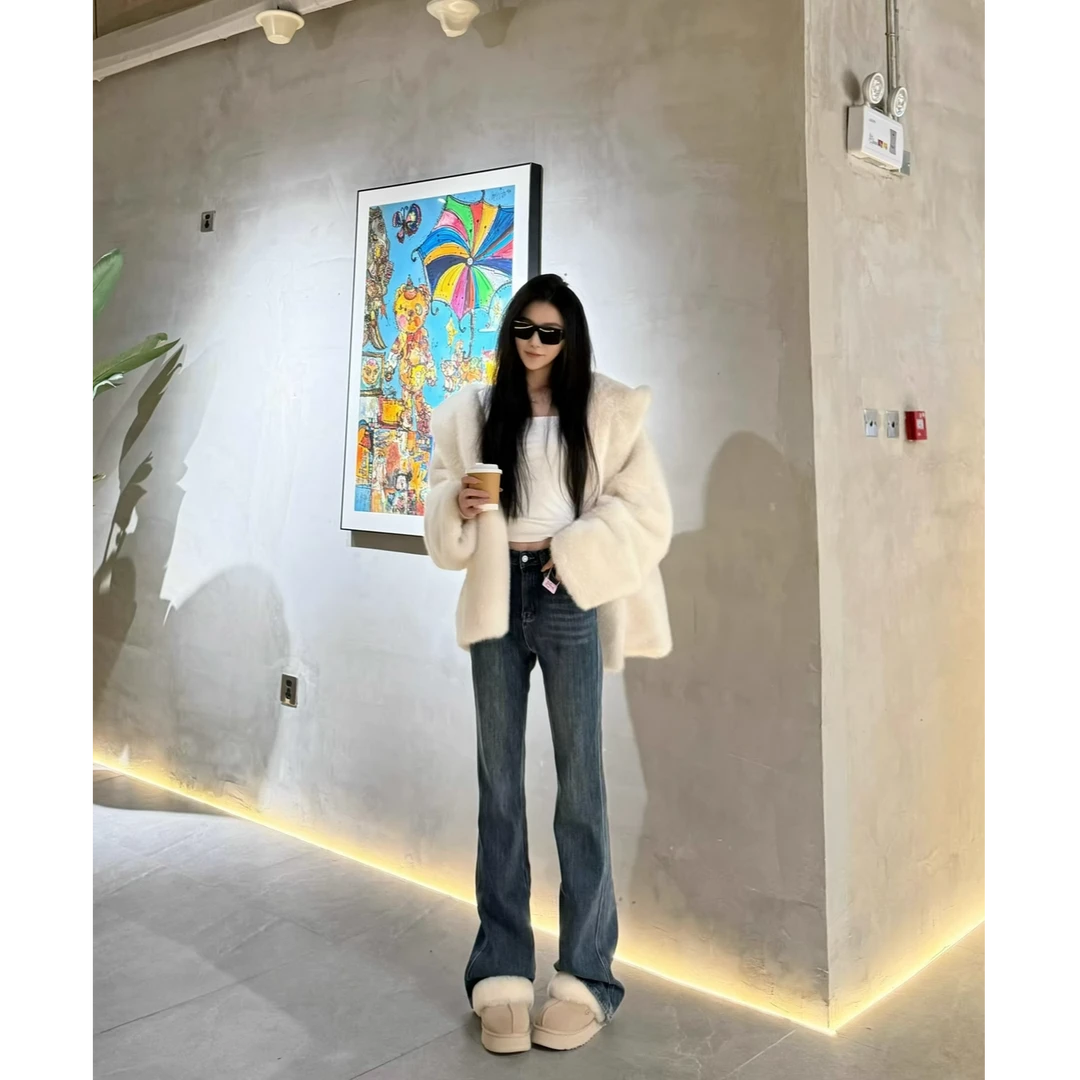 猫猫家加长女裤秋冬加绒加厚怀旧蓝窄版直筒牛仔裤女7711