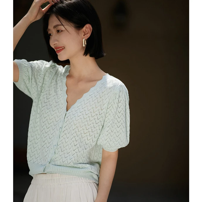 薄荷春季新品 优雅桑蚕丝亚麻大美涵养感钩花针织开衫ZWB861975MG