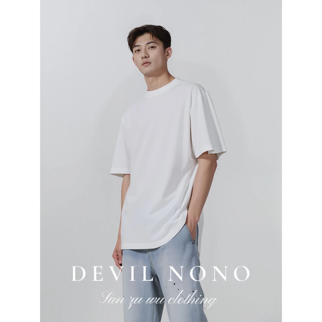 DEVIL NONO纯色短袖男士简约宽松圆领重磅T恤男生夏季弹力针织T