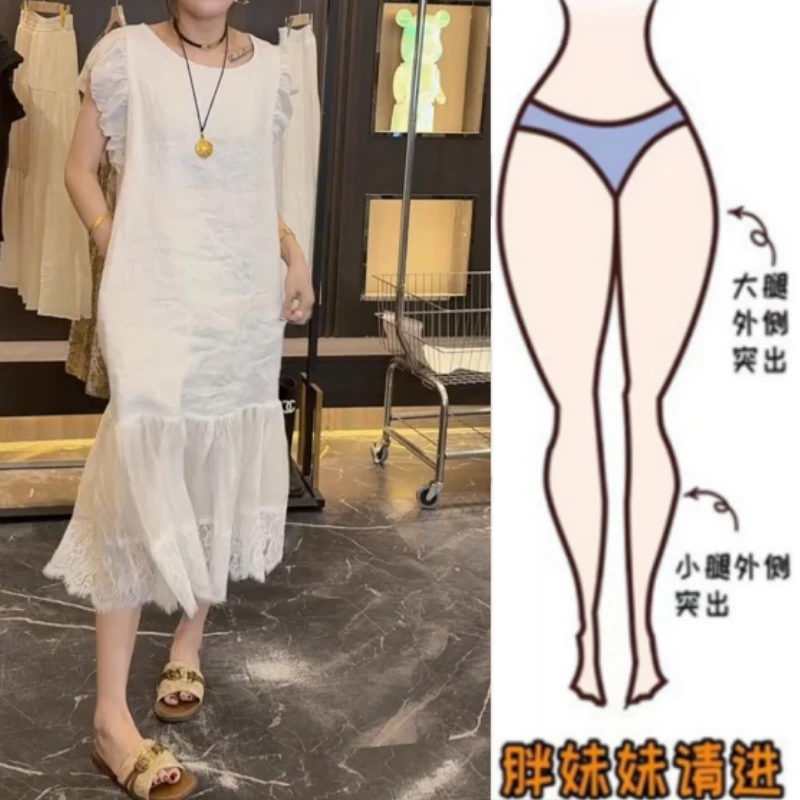 早秋新款薄款梨型身材圆领宽松显瘦时尚泡泡袖蕾丝拼接鱼尾连衣裙