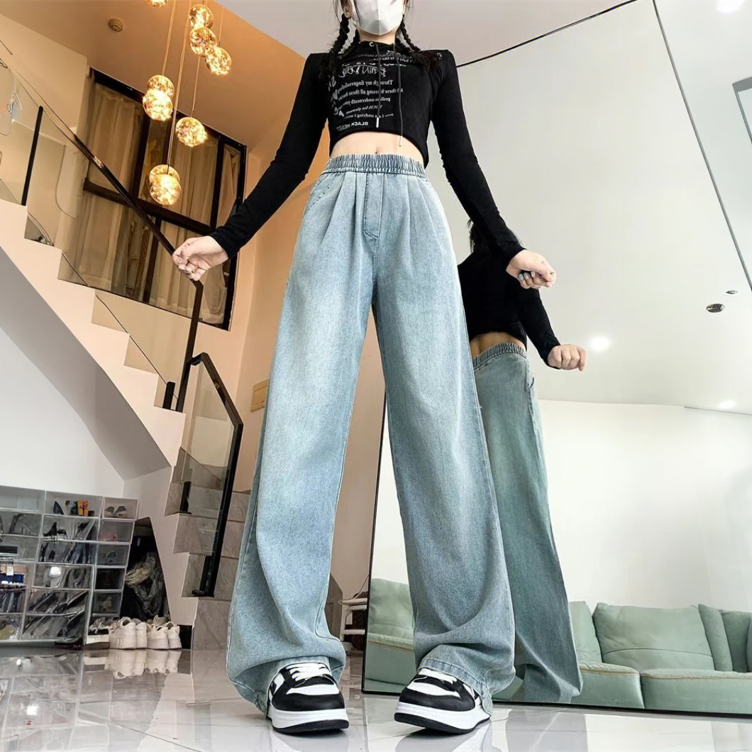 高级感阔腿牛仔裤女直筒2025年新款春季爆款高腰显瘦垂感弯刀裤子