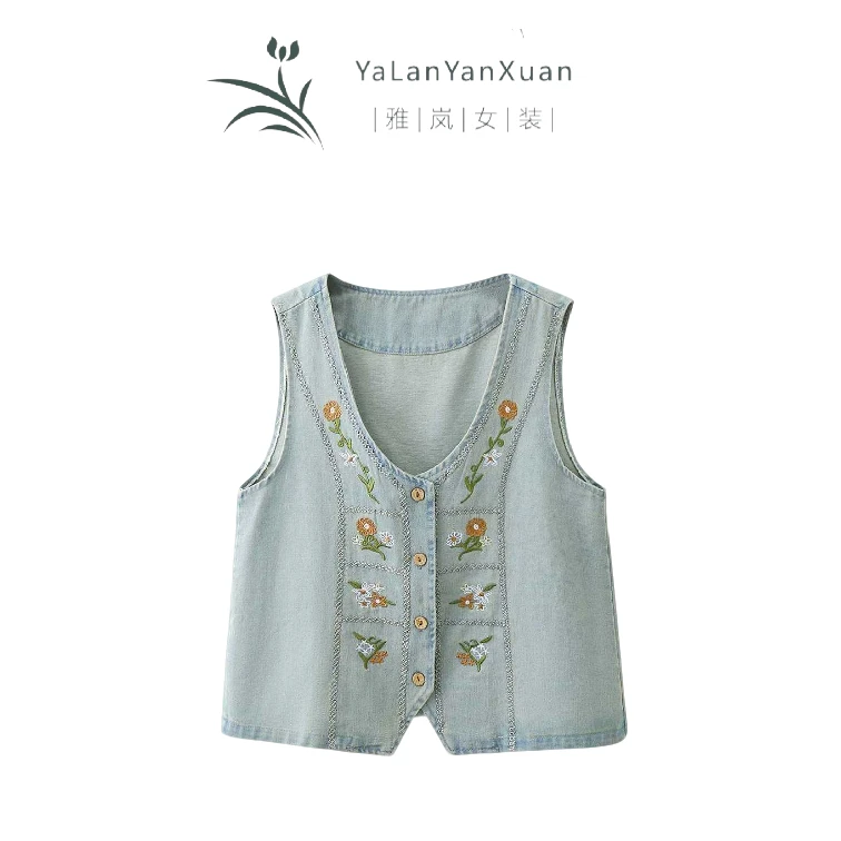 【雅岚女装】时尚洋气显瘦文艺日系刺绣牛仔马背心春秋新款设计感