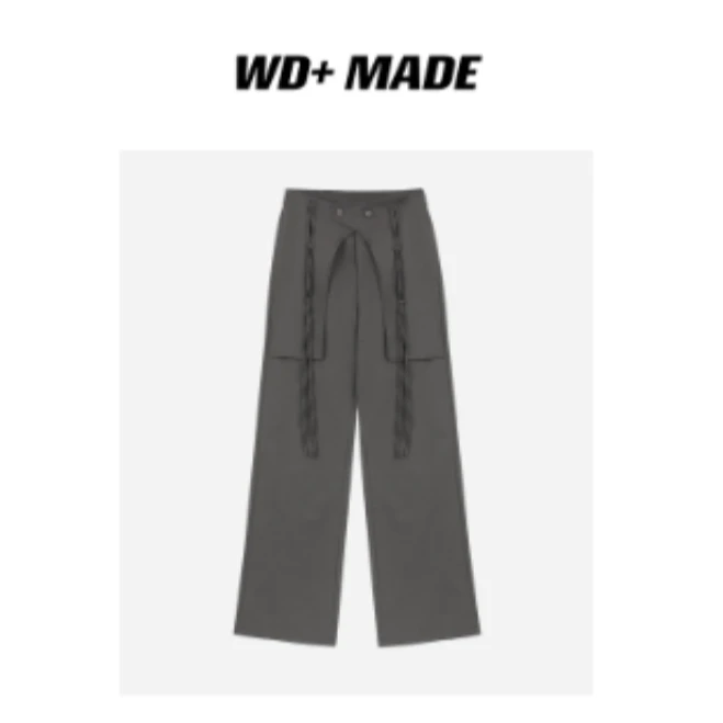 时尚百搭小众设计感拼接交叉飘带纽扣高腰垂感宽松阔腿休闲裤