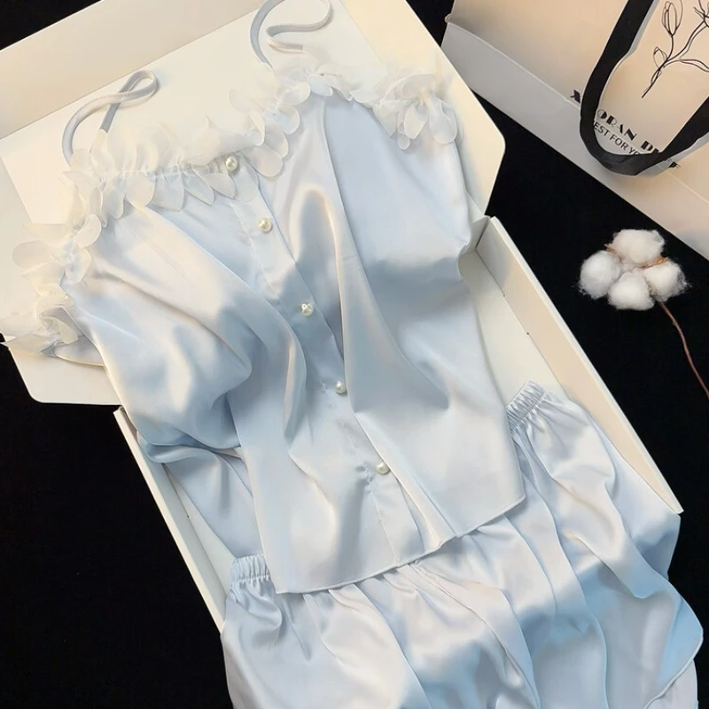 纯欲花瓣带胸垫吊带冰丝睡衣女夏季新款休闲凉感短裤套装家居服夏