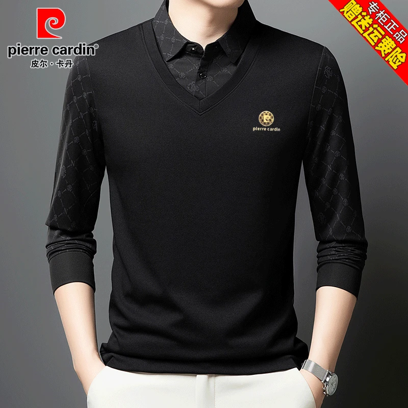 皮尔卡丹假两件Polo衫休闲痞帅中年男士秋冬针织衫爸爸装打底衫