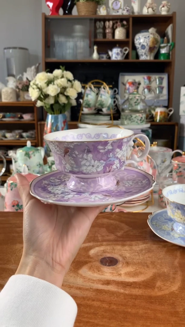 陶瓷紫色花间高骨瓷杯碟