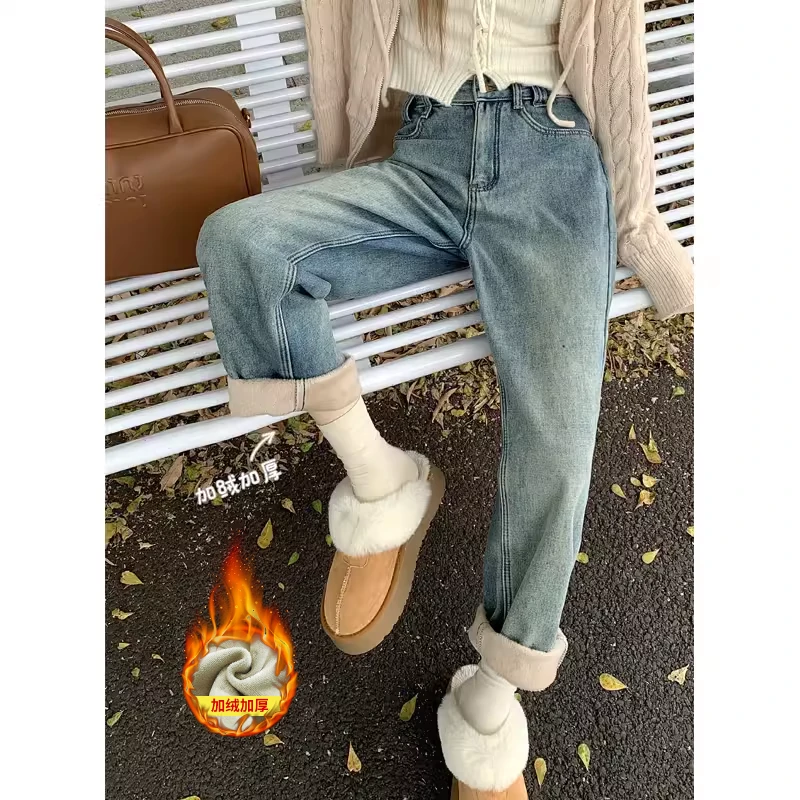 加绒裤子九分秋装牛仔裤女新款小个子爆款爆款高腰加厚直筒阔腿裤