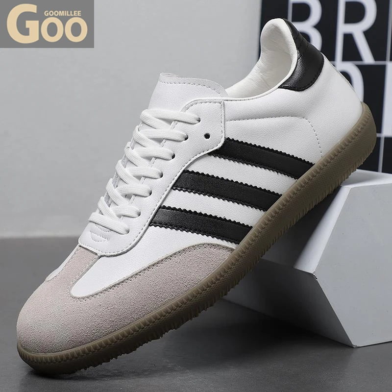 男鞋夏季复古真皮阿甘大码运动休闲鞋三条杠德训鞋板鞋软底小白鞋