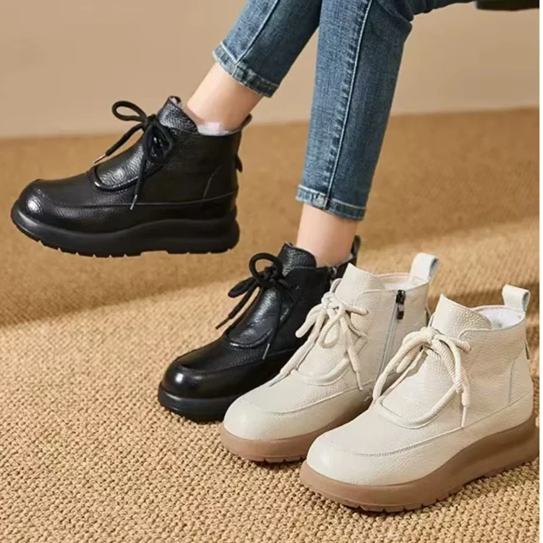 啊枝姐真皮马丁靴百搭舒适女鞋羊毛保暖圆头时尚潮流女鞋259