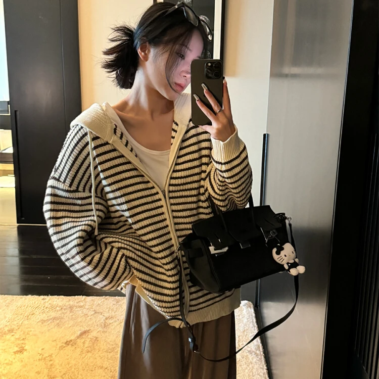 巴卜Studio杏色抽绳连帽条纹针织开衫女秋季韩版毛衣开衫外套女