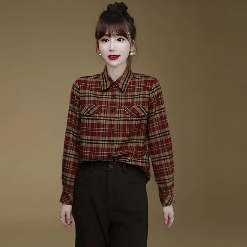 2025年春装新款长袖格子衬衫女设计感小众宽松百搭复古港味衬衣女