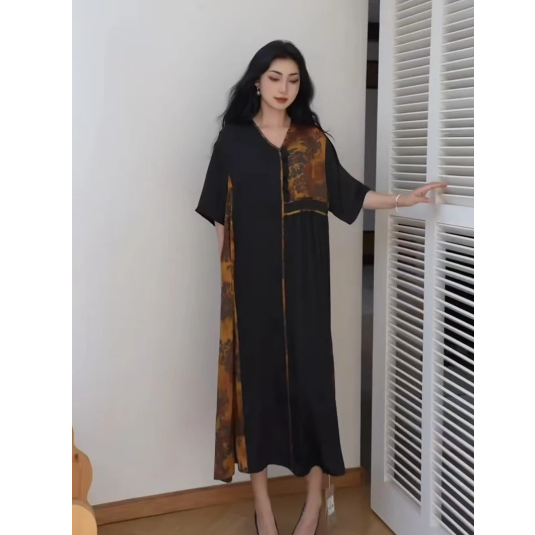 25110 国风新中式花卉贵气v领拼色连衣裙