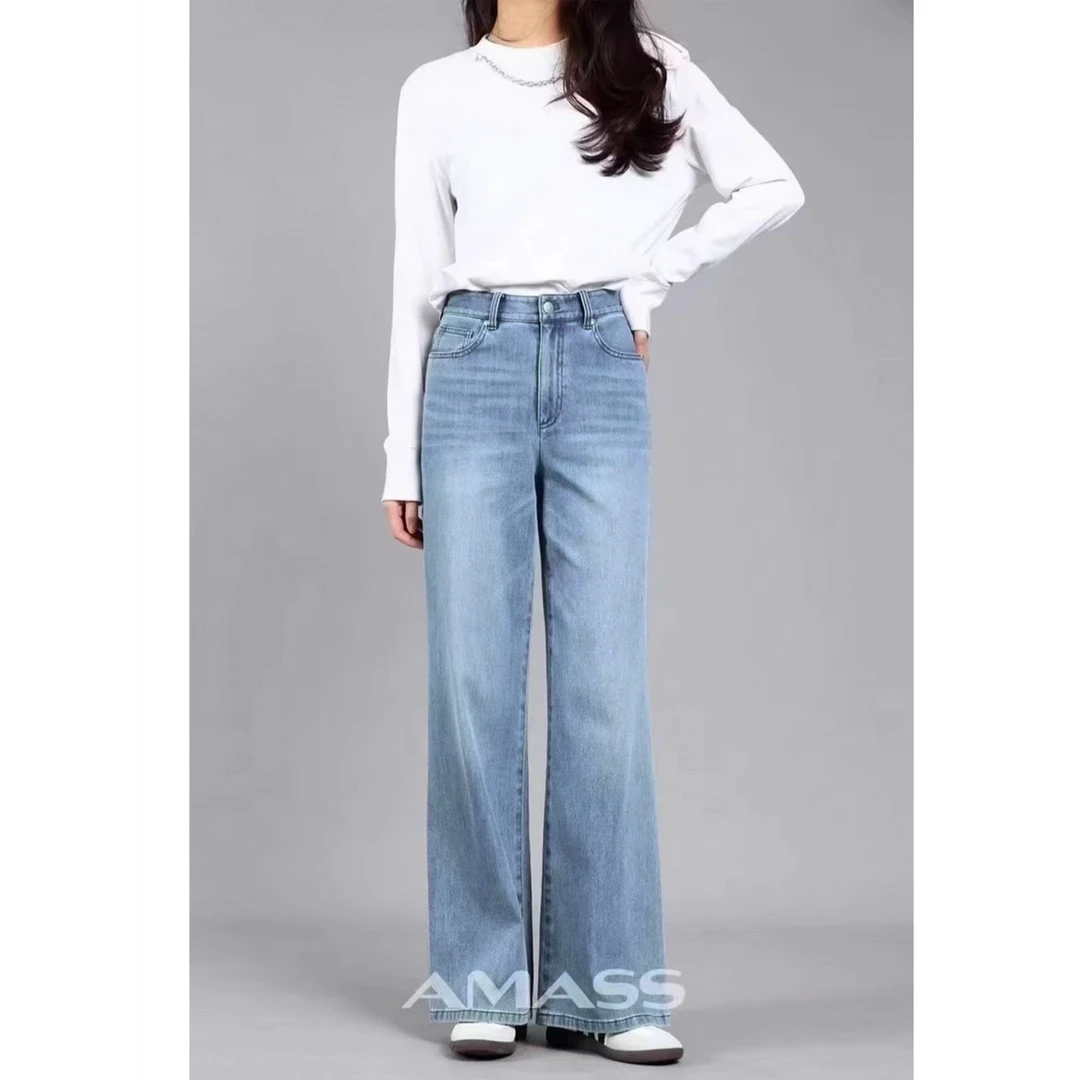 AMASS/阿玛施夏季新款浅色水洗显瘦直筒高腰牛仔裤长裤5100388
