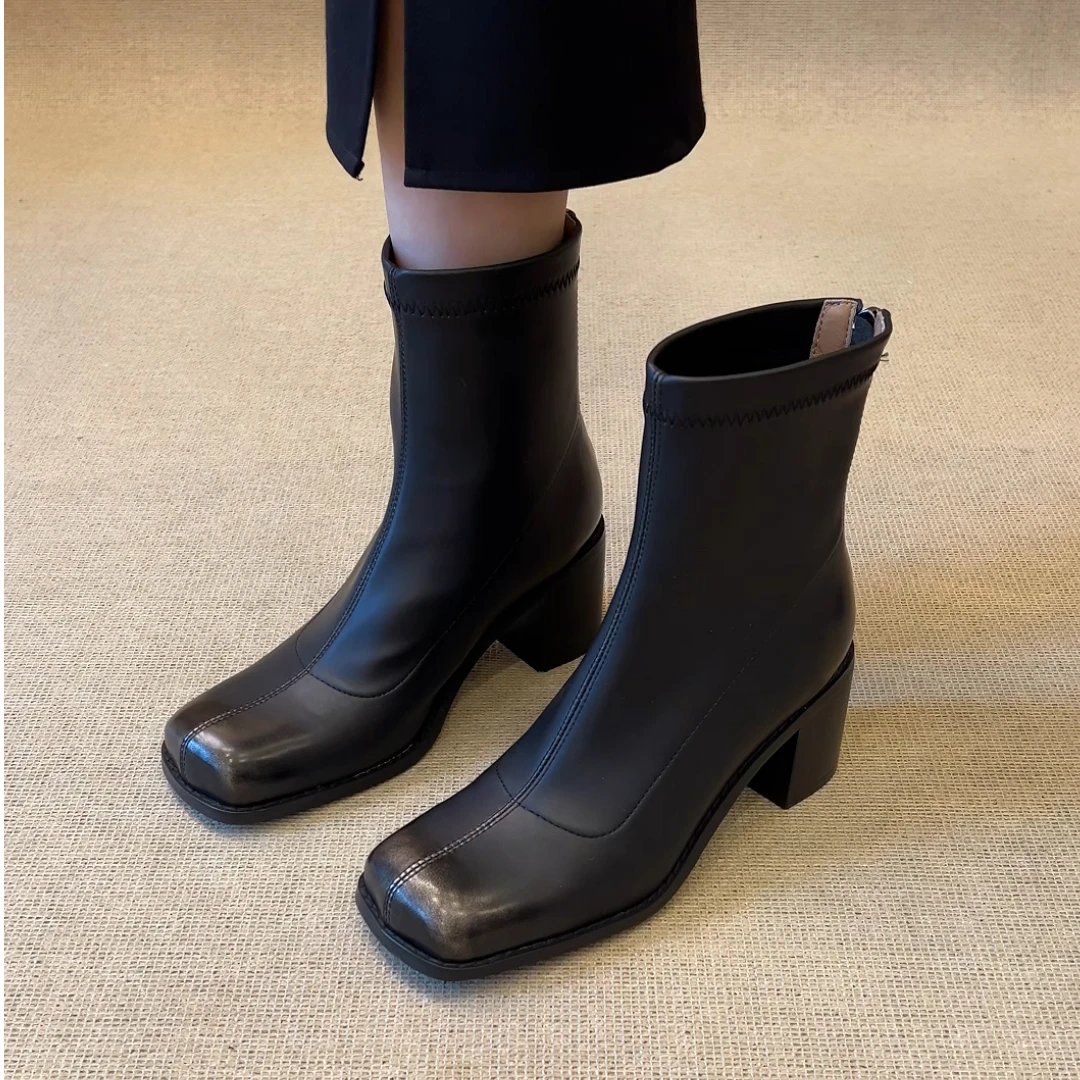 nnmiss·34-40/3.5/6cm简约方头瘦瘦靴百搭复古后拉链粗跟通勤短靴