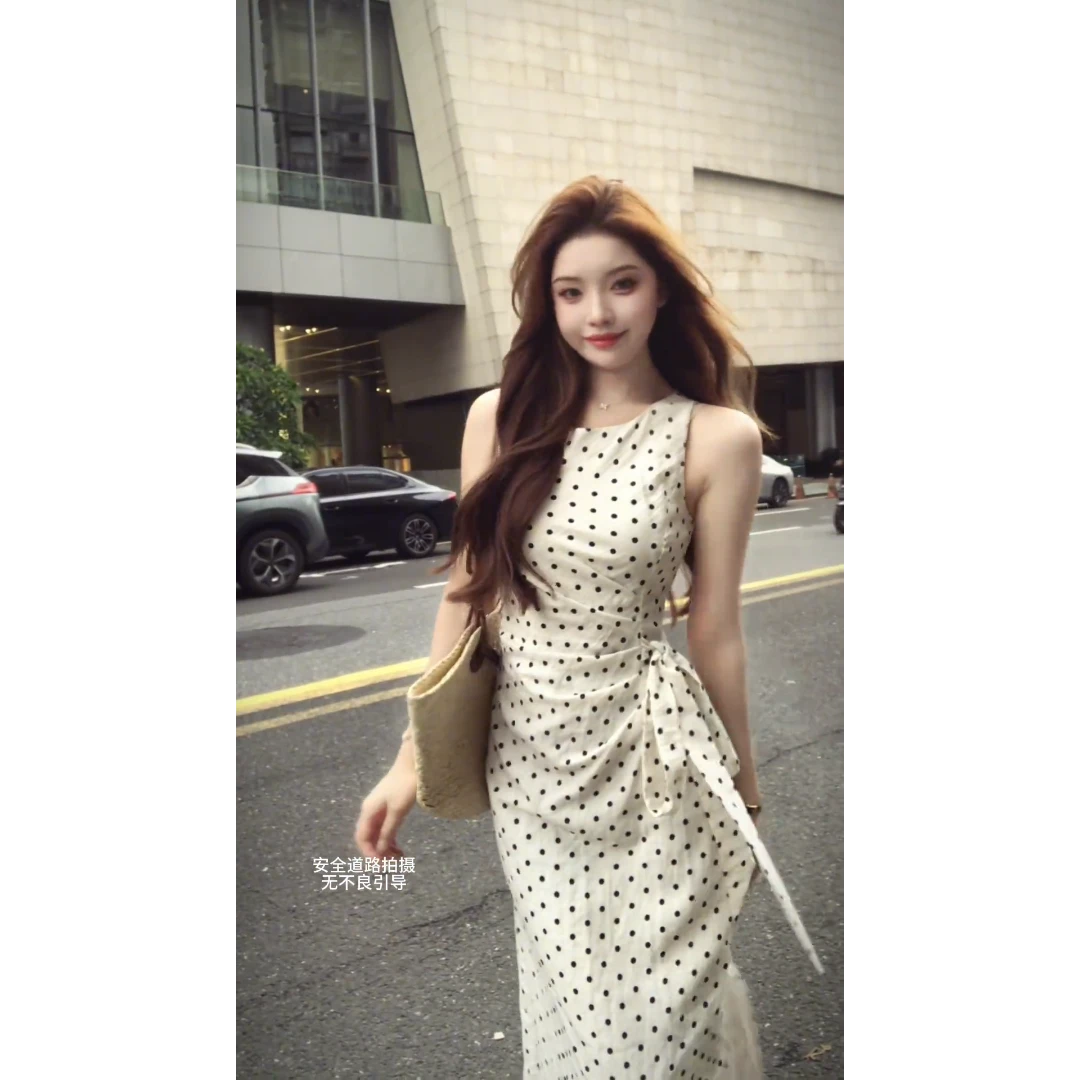 parkyeon韩里韩气巨好看的波点连衣裙夏季绑带收腰显瘦绝美长裙