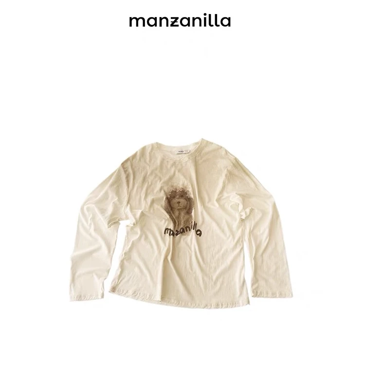 MANZANILLA 新品25春夏休闲宽松花花小狗长袖T恤女士印花圆领套头