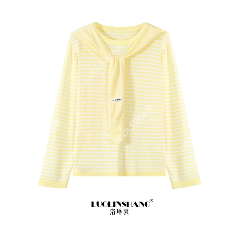 夏季新款莱赛尔天丝黄色披肩防晒衫女宽松大版休闲圆领上衣女条纹