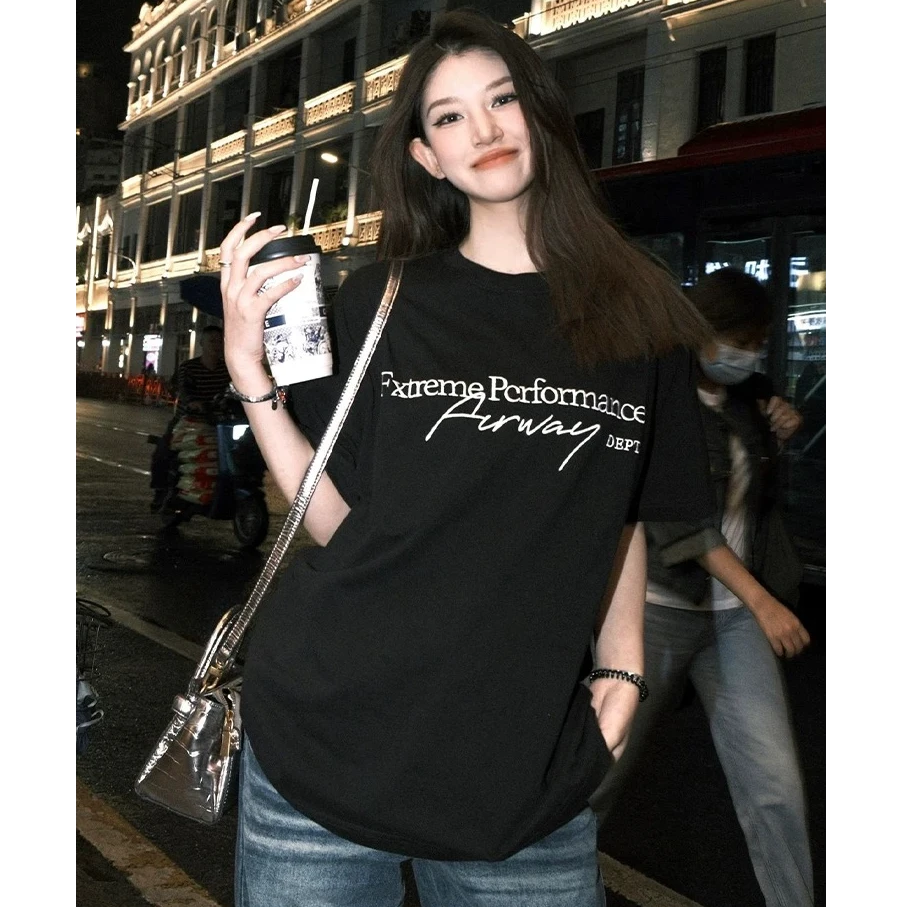 美式复古oversize短袖女夏季字母印花黑色情侣t恤宽松半袖上衣ins