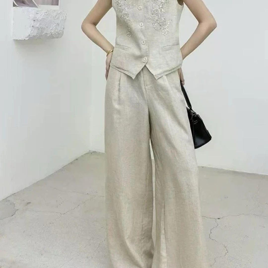 2025新款老钱风时尚套装V领亚麻马甲背心直筒休闲阔腿套装11141