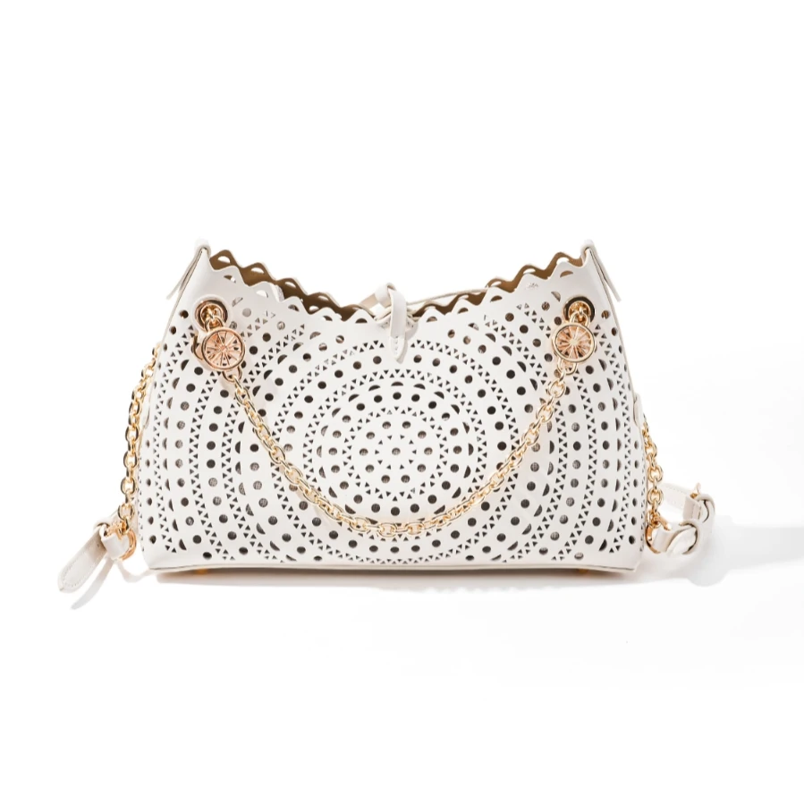 香港老爷车腋下单肩包休闲夹层拉链袋白色气质耐刮镂空包7027X