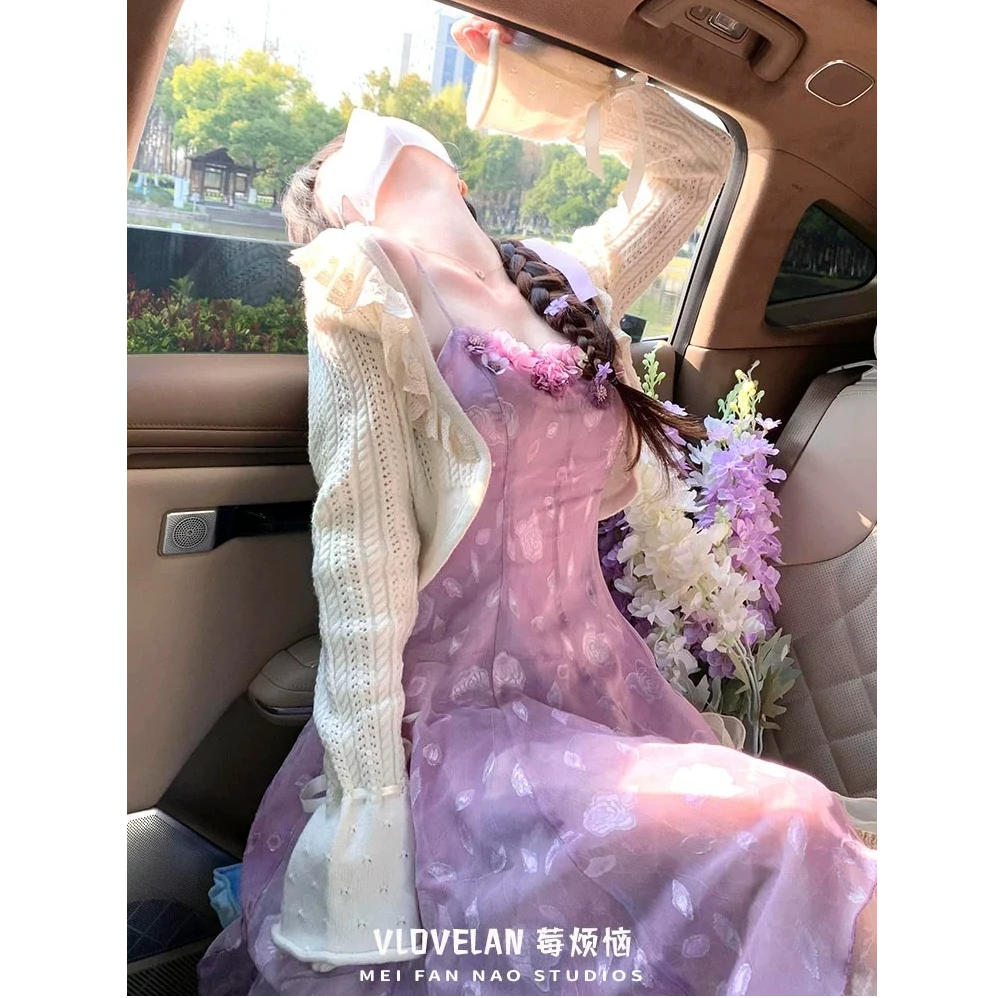 法式温柔风紫色立体花朵吊带连衣裙女夏季小个子收腰显瘦长裙子