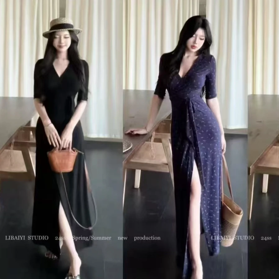 显瘦套装长裙长款时尚收腰夏季法式时尚套装开叉