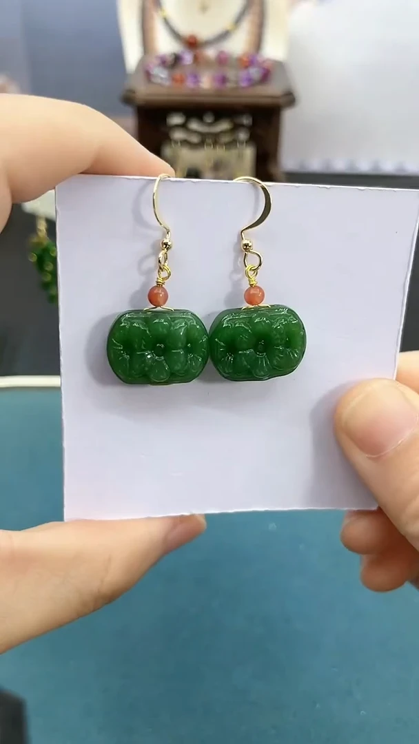 东陵石14K金镶嵌耳饰双面花耳钩