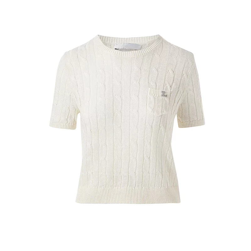 1670【秀场同款】朗2025夏新款气质绞花短袖针织衫T恤女简约