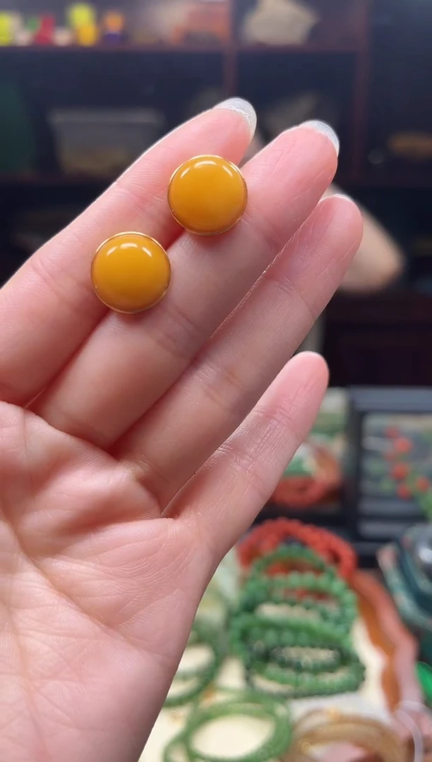 银S925镶嵌蜜蜡耳饰蜜蜡耳钉