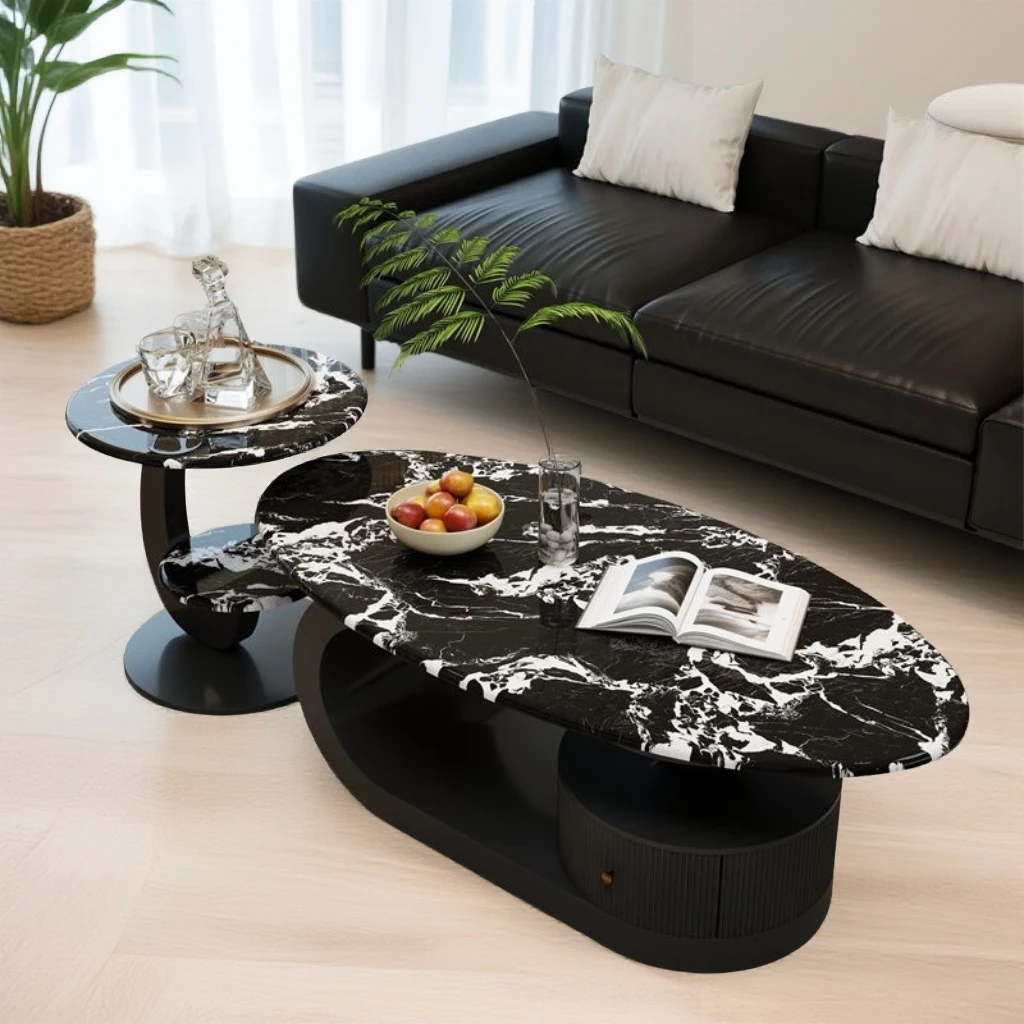 现代轻奢风微晶石岩板茶几小户型弧形超晶家用客厅设计师意式极简