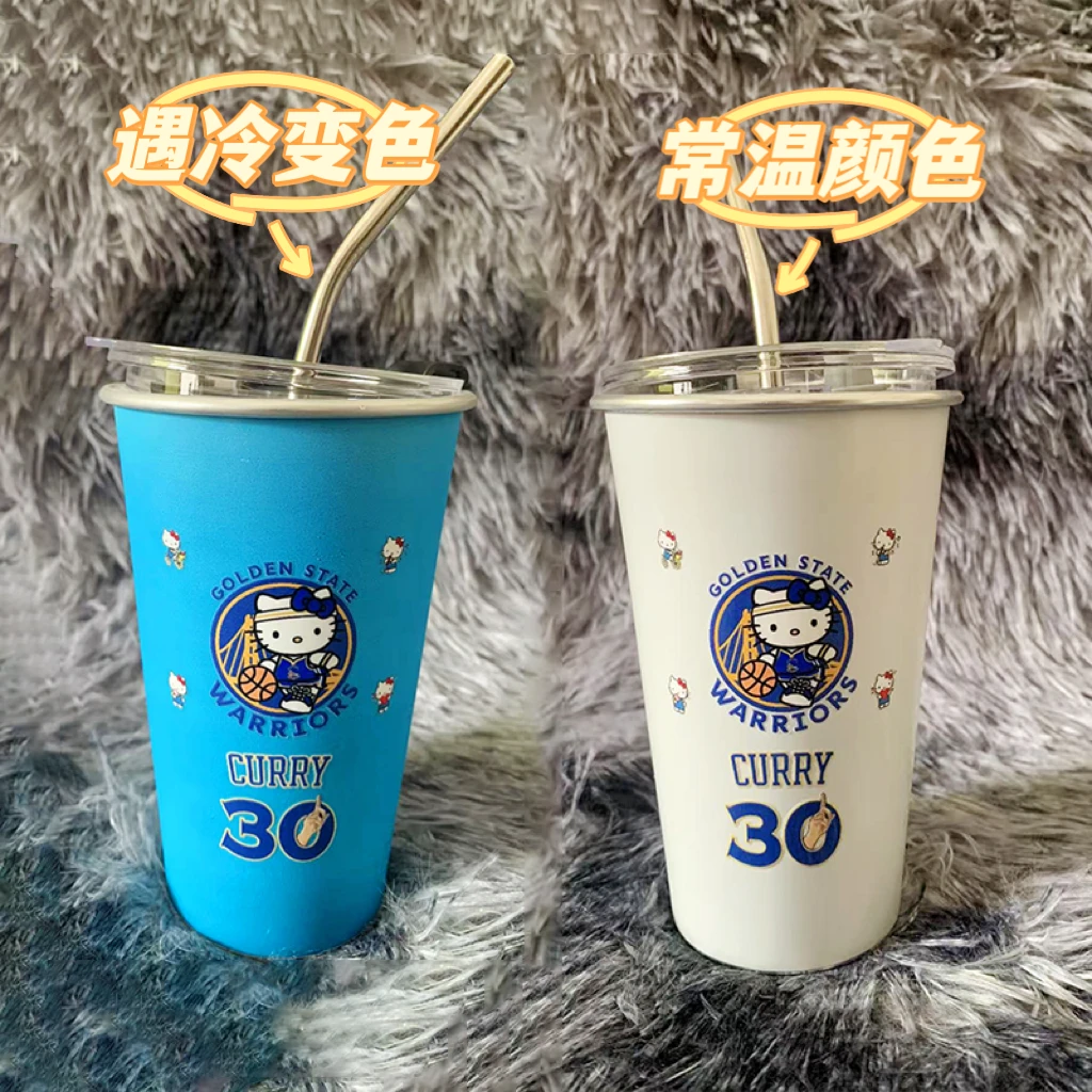 冷变kt库里勇士夏日家用网红便携卡通水杯创意带盖凯蒂猫变色水杯
