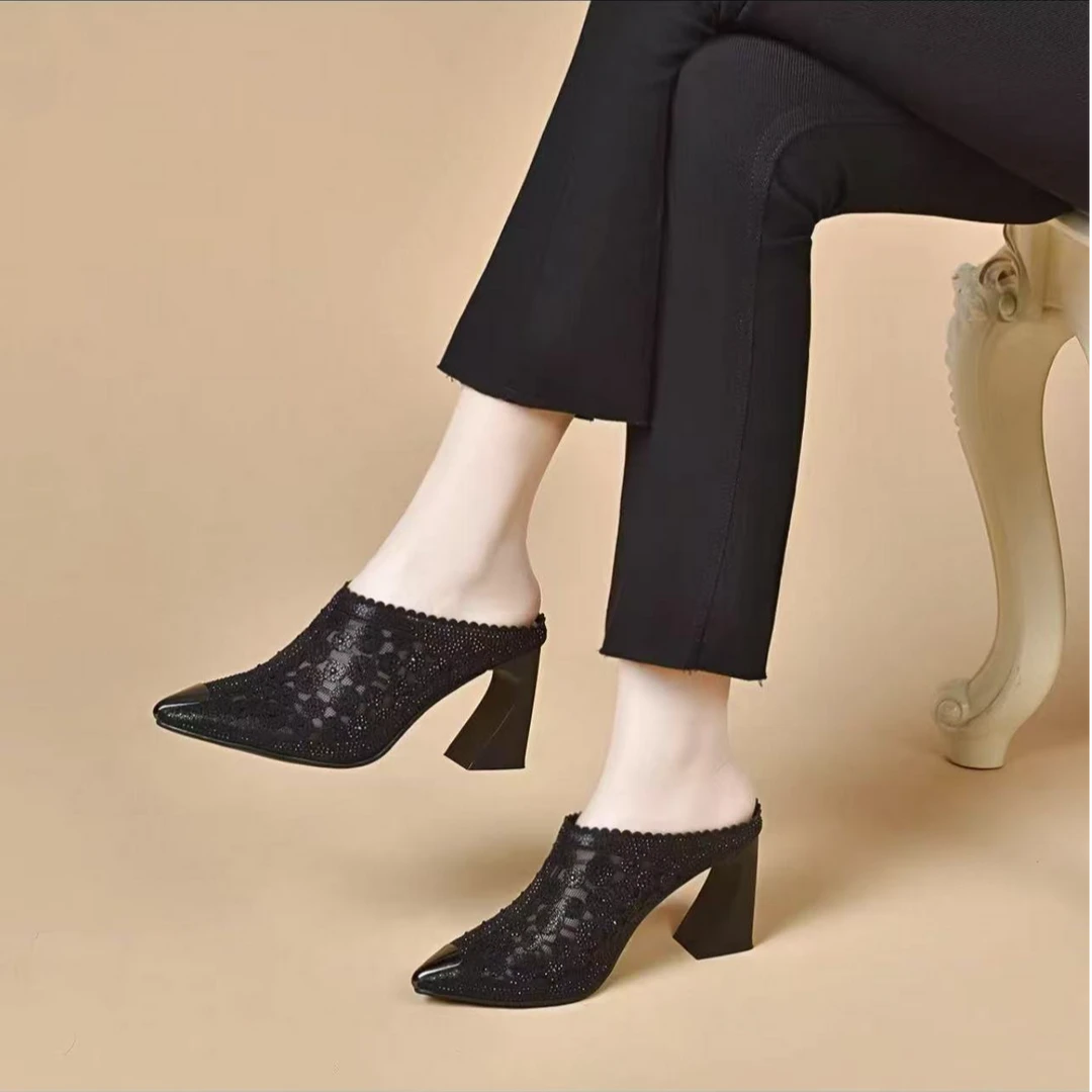 2025春夏季新款网纱粗跟半拖鞋女尖头镂空水钻百搭外穿高跟凉拖鞋