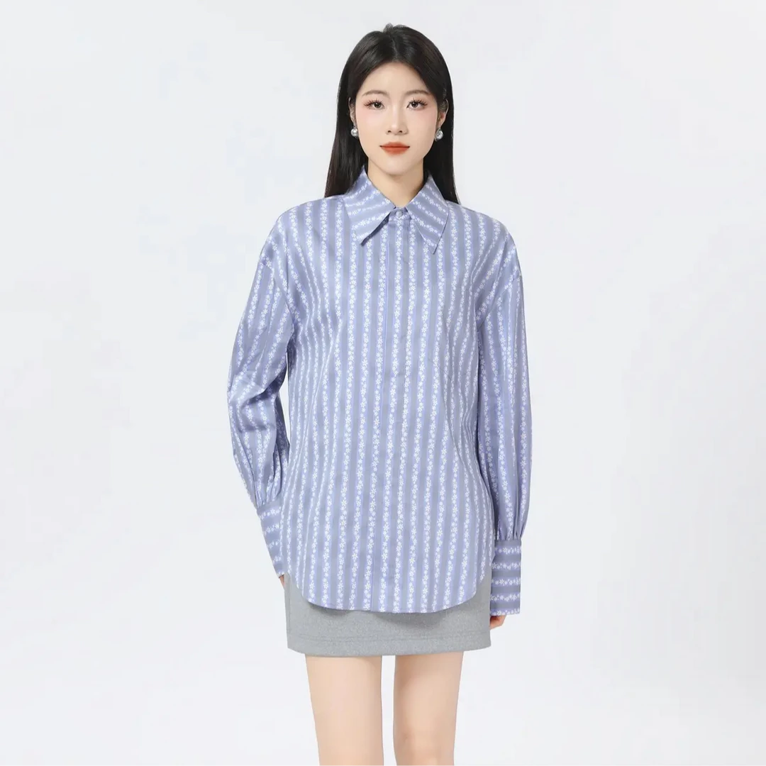 AMASS/阿玛施新款复古印花条纹时尚休闲翻领单排扣衬衫上衣530052