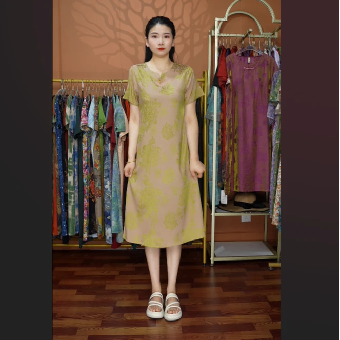 【金花旗袍】2025夏季妈妈装气质短袖连衣裙洋气中老年女装宽松长裙